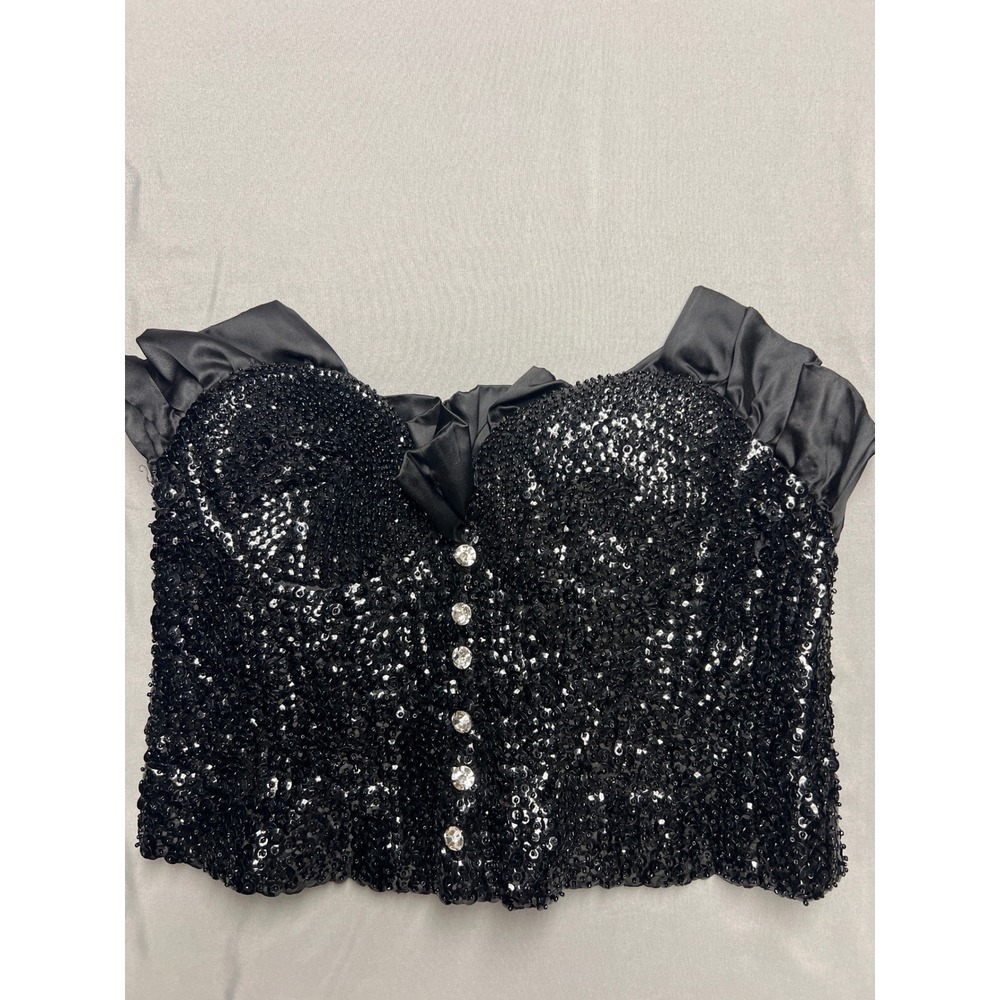 Dana Deatherage Black Sequin Corset Top Rhinestone Buttons Ruffle Trim Medium